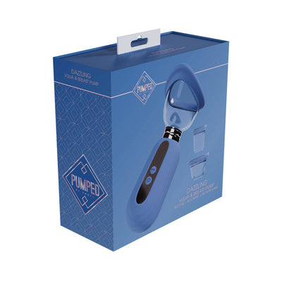 Blue automatic rechargeable vulva and breast pump with silicone cups shown on product packaging box.