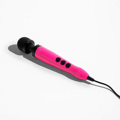 Compact hot pink wand vibrator with black head and three control buttons, connected by a black power cord on white background.