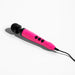 Compact hot pink wand vibrator with black head and three control buttons, connected by a black power cord on white background.