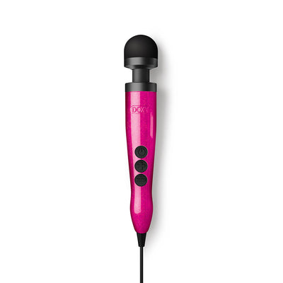 Compact Doxy Die Cast 3 wand vibrator in glittery hot pink with black head and control buttons on white background.