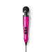 Compact Doxy Die Cast 3 wand vibrator in glittery hot pink with black head and control buttons on white background.