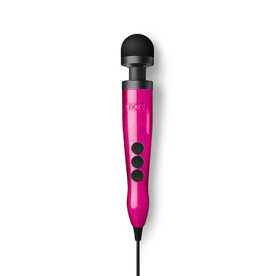Compact hot pink wand vibrator with black rounded head and three control buttons on handle, attached to a power cord.