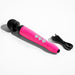 Compact rechargeable wand vibrator in glittery hot pink with black head and USB charging cable on white background