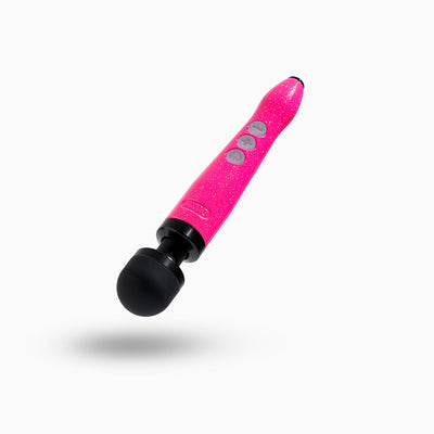 Compact rechargeable wand vibrator in glittery hot pink with black rounded head and three control buttons on handle.