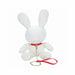 Small white velvet rabbit plush with red collar and gold chain leash accessory.