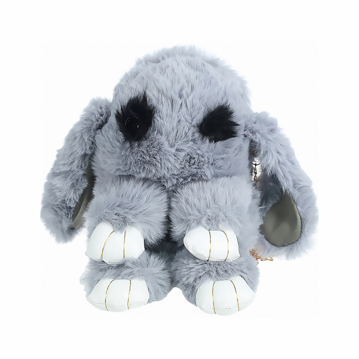 Grey plush bunny-shaped bag with floppy ears, black eyebrow details, and white paw accents.