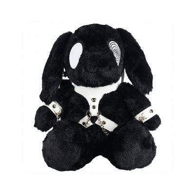 Black plush bunny backpack with unique circle eye design and white harness detailing with metal accents