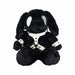 Black plush bunny backpack with unique circle eye design and white faux leather harness details