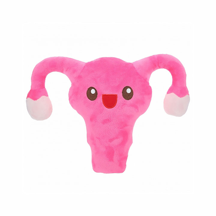 Plush pink uterus-shaped stuffed toy with smiling face and soft white-tipped fallopian tubes.
