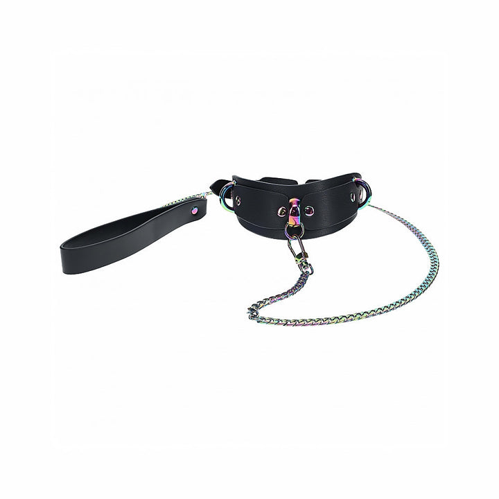 Black bonded leather collar with iridescent hardware and matching chain leash with loop handle.
