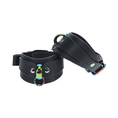 Black bonded leather handcuffs with iridescent metal hardware from the Ouch! Venice Collection.