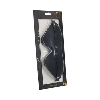 Ouch! Venice Collection black bonded leather blindfold with iridescent studs in clear packaging on black card background