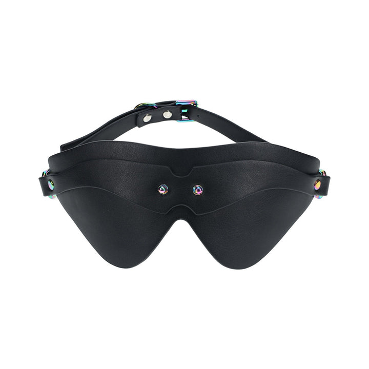 Black bonded leather blindfold with iridescent metal hardware and adjustable strap from the Ouch! Venice Collection.