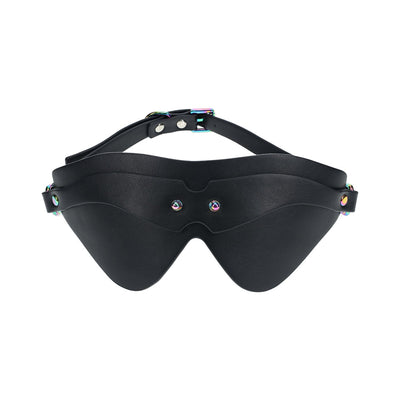 Black bonded leather blindfold with iridescent metal hardware and adjustable strap from the Ouch! Venice Collection.