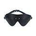 Black bonded leather blindfold with iridescent metal hardware and adjustable strap from the Ouch! Venice Collection.