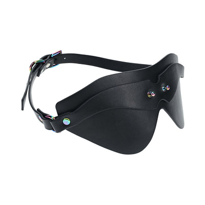 Black bonded leather blindfold with iridescent metal hardware and adjustable strap from the Ouch! Venice Collection.