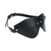 Black bonded leather blindfold with iridescent metal hardware and adjustable strap from the Ouch! Venice Collection.