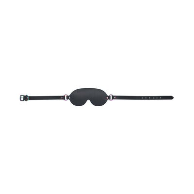 Black bonded leather blindfold with adjustable iridescent buckle strap from the Ouch! Venice Collection.
