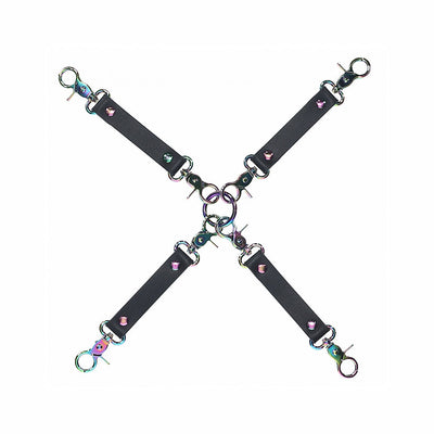 Ouch! Venice Collection black bonded leather hogtie connectors with iridescent metal hardware and four clips.