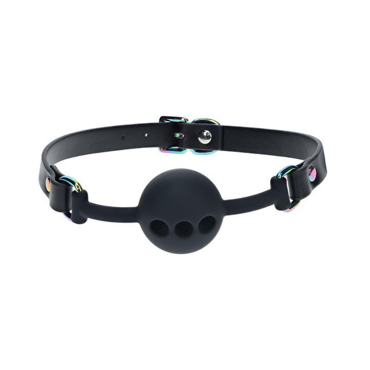 Black silicone ball gag with adjustable bonded leather strap and iridescent hardware details on white background.