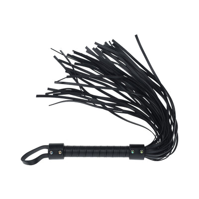 Black bonded leather flogger with iridescent hardware and wrapped handle for secure grip.