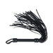 Black bonded leather flogger with iridescent hardware and wrapped handle for secure grip.
