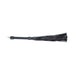 Black bonded leather flogger with wrapped handle and iridescent hardware details on a white background.