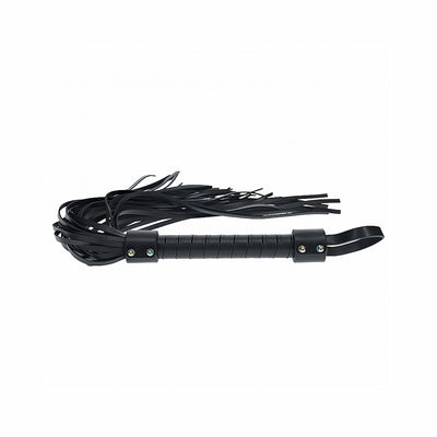 Black bonded leather flogger with a wrapped handle and iridescent hardware accents, featuring multiple leather tails.