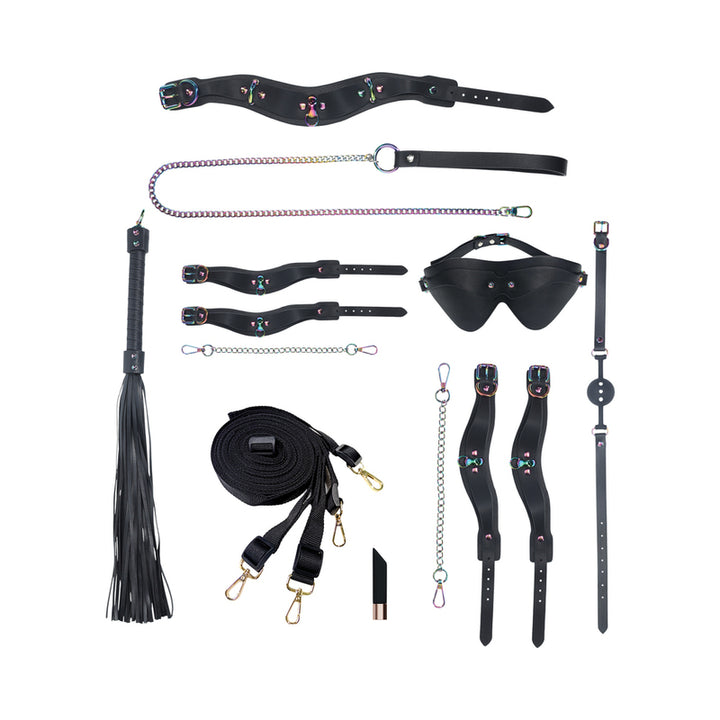 Complete Ouch! Venice Collection Kit with black collar, leash, cuffs, blindfold, ball gag, flogger, restraints, and straps on white background.