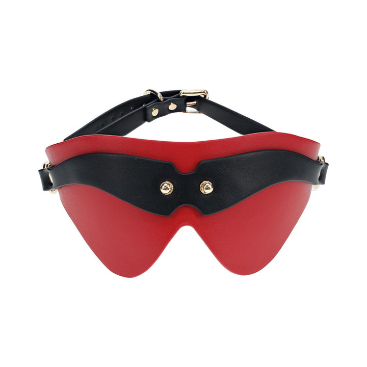Red and black bonded leather blindfold with adjustable strap and gold-tone hardware from the Ouch! Milan Collection
