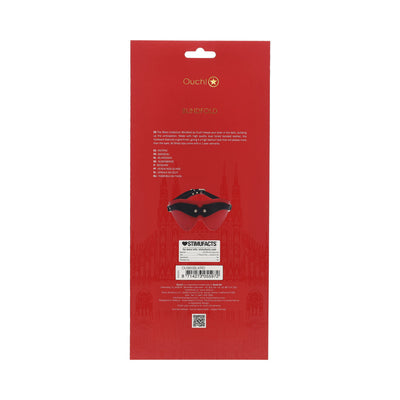 Packaging of Ouch! Milan Collection Blindfold in red with product details and a small image of the black blindfold with iridescent hardware.