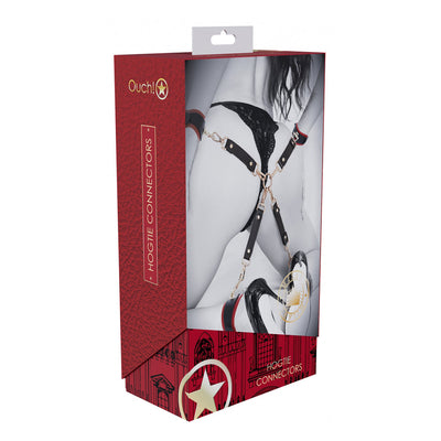 Packaging of Ouch! Milan Collection Hogtie Connectors featuring a black and white image of a model wearing the connectors with black lace lingerie and high heels.
