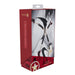 Packaging of Ouch! Milan Collection Hogtie Connectors featuring a black and white image of a model wearing the connectors with black lace lingerie and high heels.