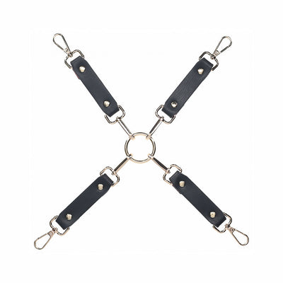 Black bonded leather hogtie connectors with silver metal clips and central ring for versatile restraint.