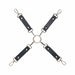 Black bonded leather hogtie connectors with silver metal clips and central ring for versatile restraint.