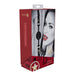Ouch! Milan Collection Silicone Ball Gag packaging with black silicone gag and adjustable bonded leather straps shown on a model.
