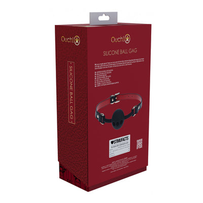 Ouch! Milan Collection Silicone Ball Gag packaging showing product image and details on a red textured box