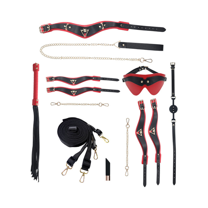 Ouch! Milan Collection Kit with black and red collar, leash, cuffs, blindfold, flogger, ball gag, and restraint straps on white background.