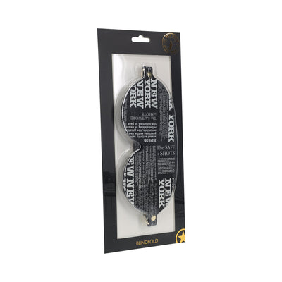 Ouch! NY Collection blindfold with black and white New York text design in clear packaging on black backing card