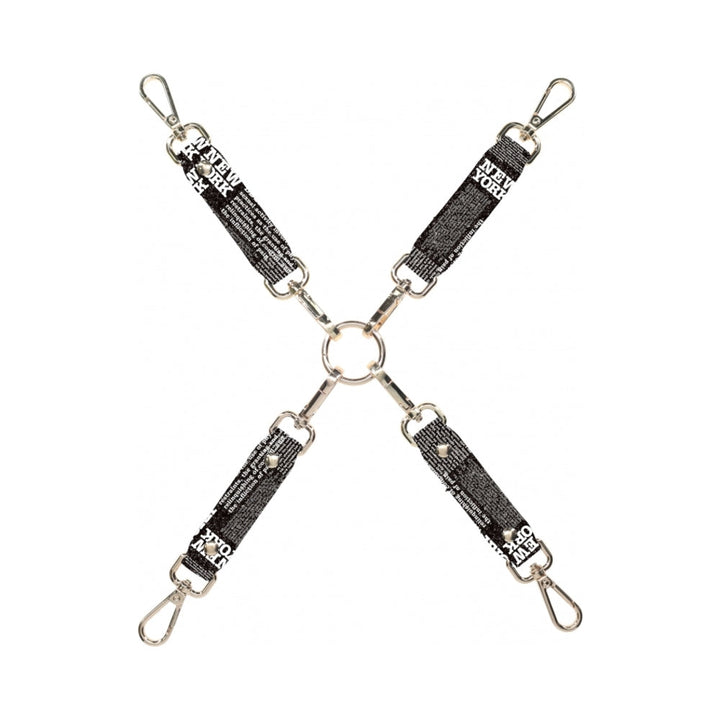Ouch! NY Collection black 4-way hogtie connectors with silver clips and central metal ring on white background