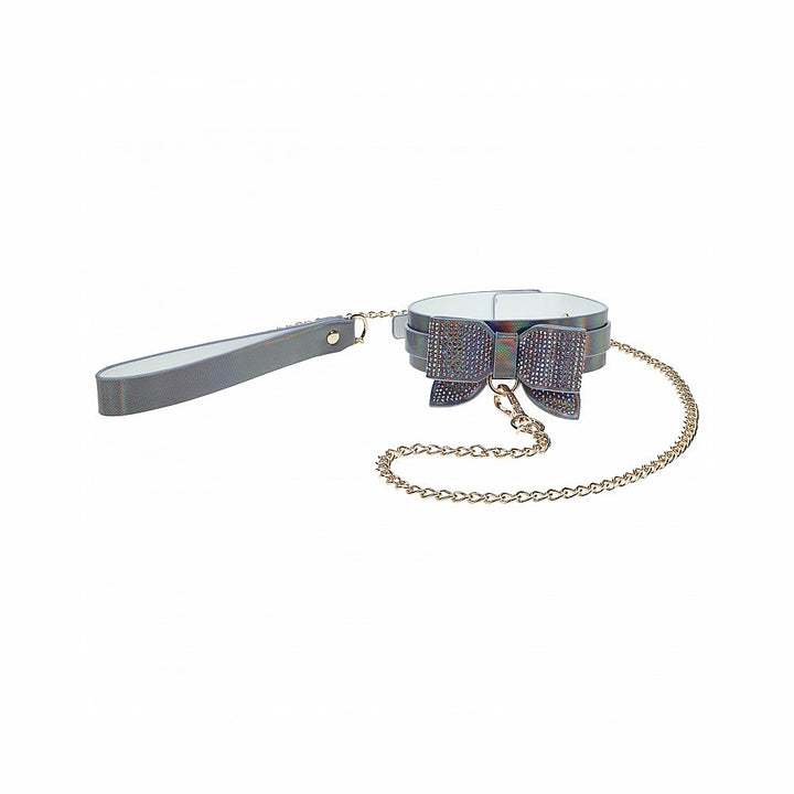 Gray bonded leather collar with rhinestone bow and matching leash with gold chain and handle loop.