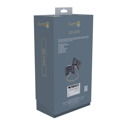 Packaging box for Ouch! Paris Collection Leg Cuffs featuring iridescent bonded leather cuffs with chain detail.