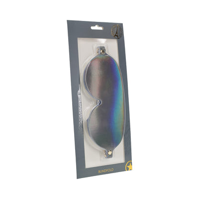 Ouch! Paris Collection iridescent bonded leather blindfold in gray packaging with Eiffel Tower design.