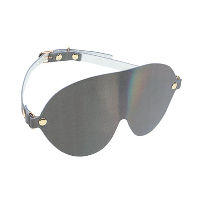 Sleek gray bonded leather blindfold with iridescent gold hardware and adjustable strap from Ouch! Paris Collection.
