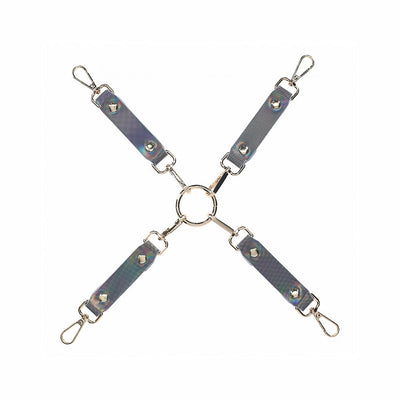 Ouch! Paris Collection iridescent bonded leather hogtie connector with four clips and central metal ring for restraint play.