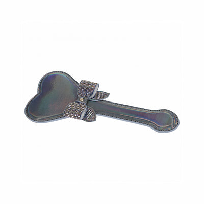 Iridescent heart-shaped paddle with a sparkling bow accent, crafted from bonded leather for stylish play.