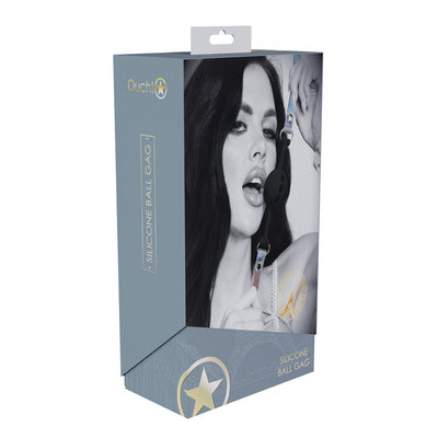 Packaging of Ouch! Paris Collection Silicone Ball Gag featuring a black silicone ball and adjustable iridescent bonded leather straps.