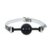 Black silicone ball gag with three ventilation holes and adjustable white bonded leather strap with iridescent hardware.