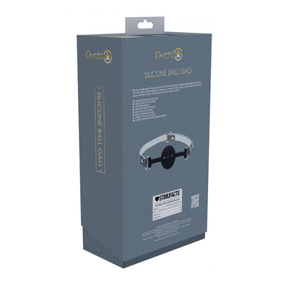 Packaging box for Ouch! Paris Collection Silicone Ball Gag featuring product image and branding on a gray background.