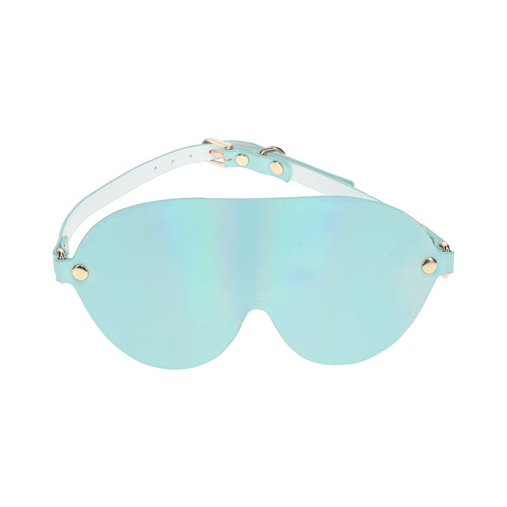 Light blue iridescent bonded leather blindfold with adjustable strap and gold-tone hardware.